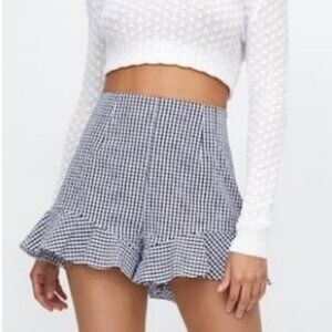 Topshop Checkered Plaid Black White High Rise Ruffled Hem Flare Shorts 4